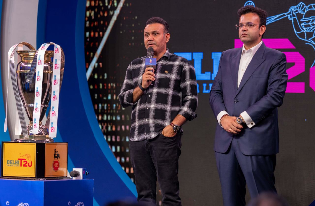 Virender Sehwag, brand ambassador of the newly launched Delhi Premier League, with 
Delhi & District Cricket Association (DDCA) president Rohan Jaitley, Delhi, August 2, 2024