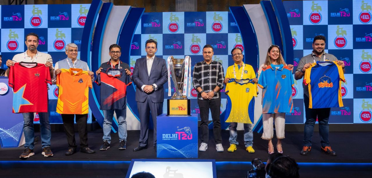 Franchise owners of the newly launched Delhi Premier League with brand ambassador Virender Sehwag and Delhi & District Cricket Association (DDCA) president Rohan Jaitley, Delhi, August 2, 2024
