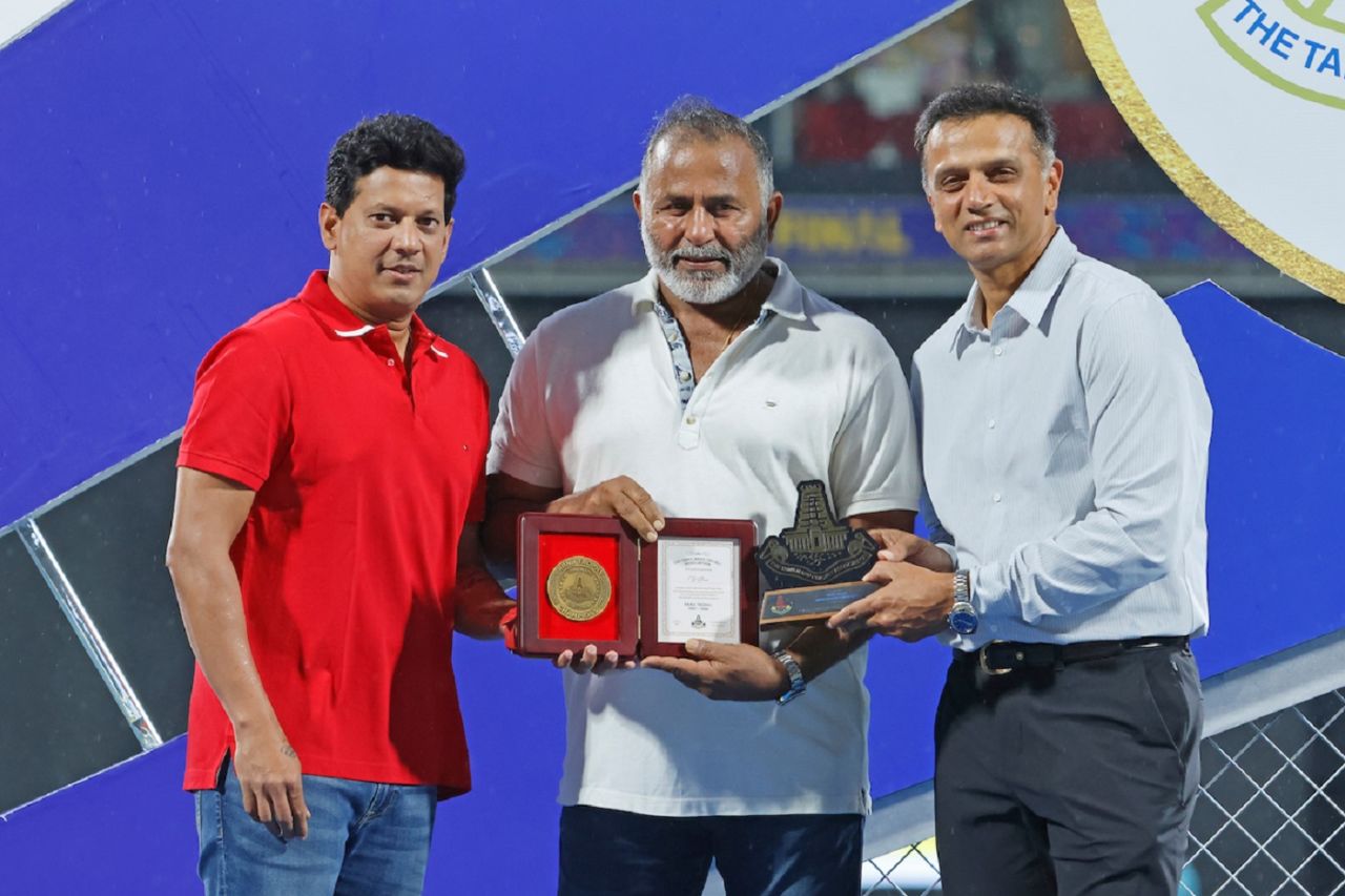 Rahul Dravid with B Arun and TNCA president Ashok Sigamani on the sidelines of the TNPL final, Lyca Kovai Kings vs Dindigul Dragons, TNPL 2024 final, Chennai, August 4, 2024