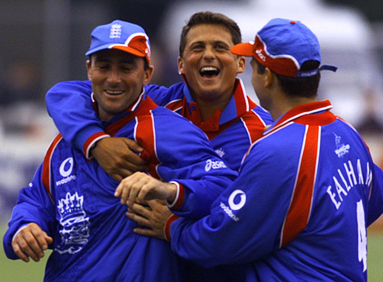 Graham Thorpe, Darren Gough and Mark Ealham celebrate a wicket, England vs Kenya, World Cup, Canterbury, May 18, 1999