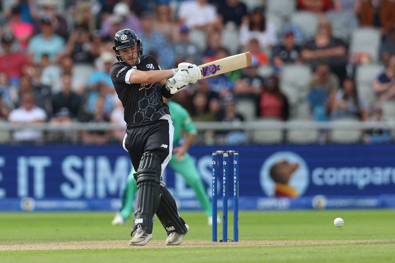 Matthew Hurst drags one into the leg side, Manchester Originals vs Oval Invincibles, The Hundred (Men's), Emirates Old Trafford, August 6, 2024