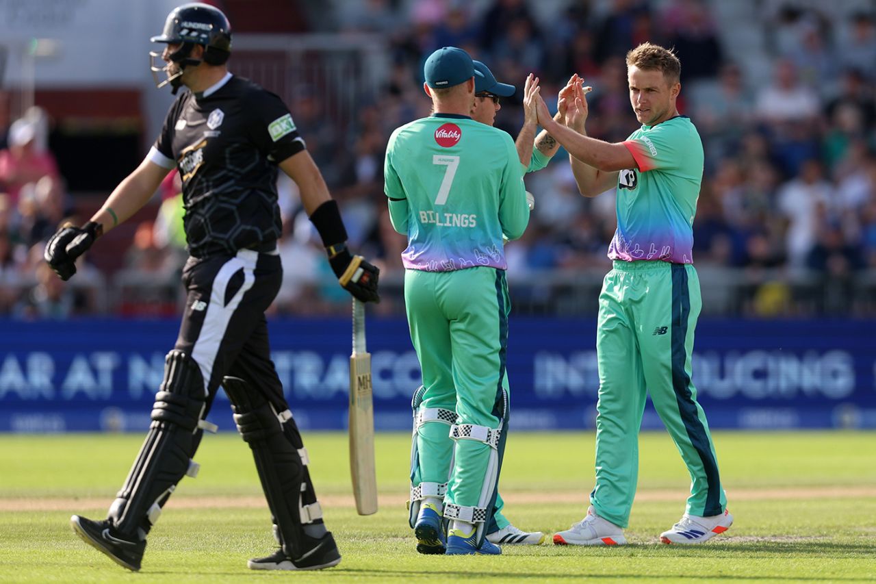 Sam Curran's final set of five cost three runs and included two wickets, Manchester Originals vs Oval Invincibles, The Hundred (Men's), Emirates Old Trafford, August 6, 2024