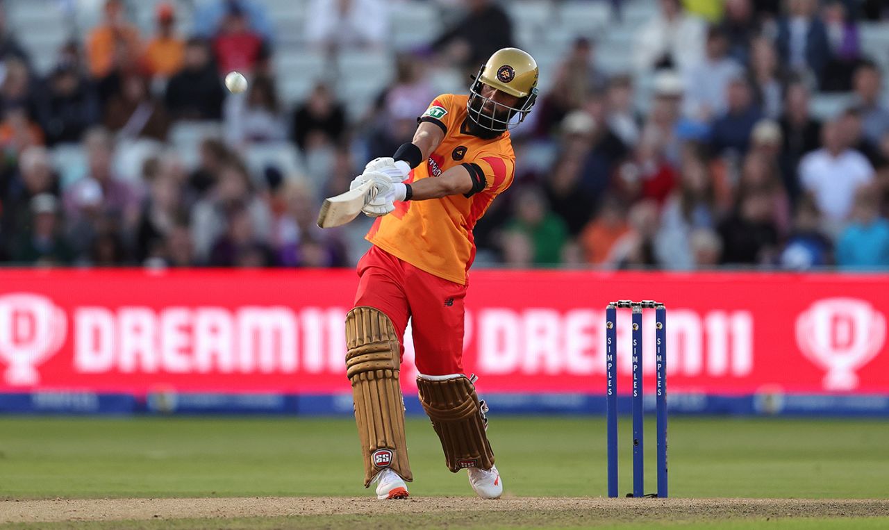 Moeen Ali swings hard over the leg side, Birmingham Phoenix vs Northern Superchargers, The Hundred (Men's), Edgbaston, August 6, 2024