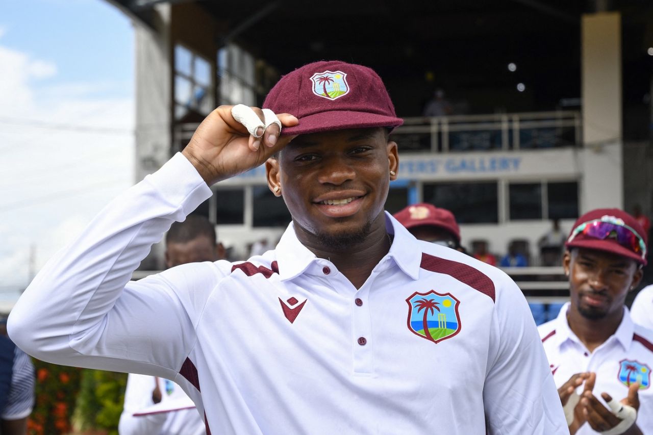 Debutant Keacy Carty poses with his Test cap on, West Indies vs South Africa, 1st Test, Port-of-Spain, day 1, August 7, 2024