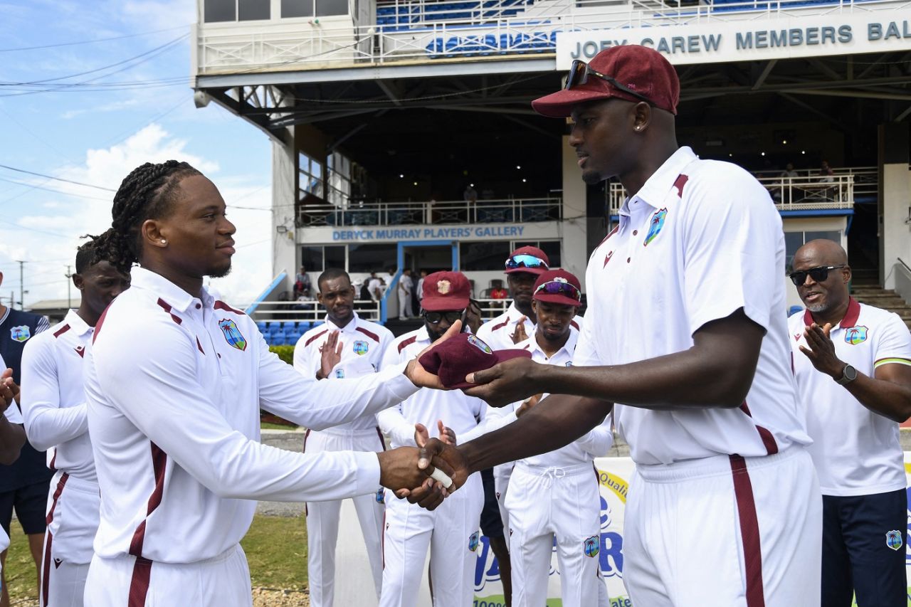 Keacy Carty receives his Test cap from Jason Holder, West Indies vs South Africa, 1st Test, Port-of-Spain, day 1, August 7, 2024