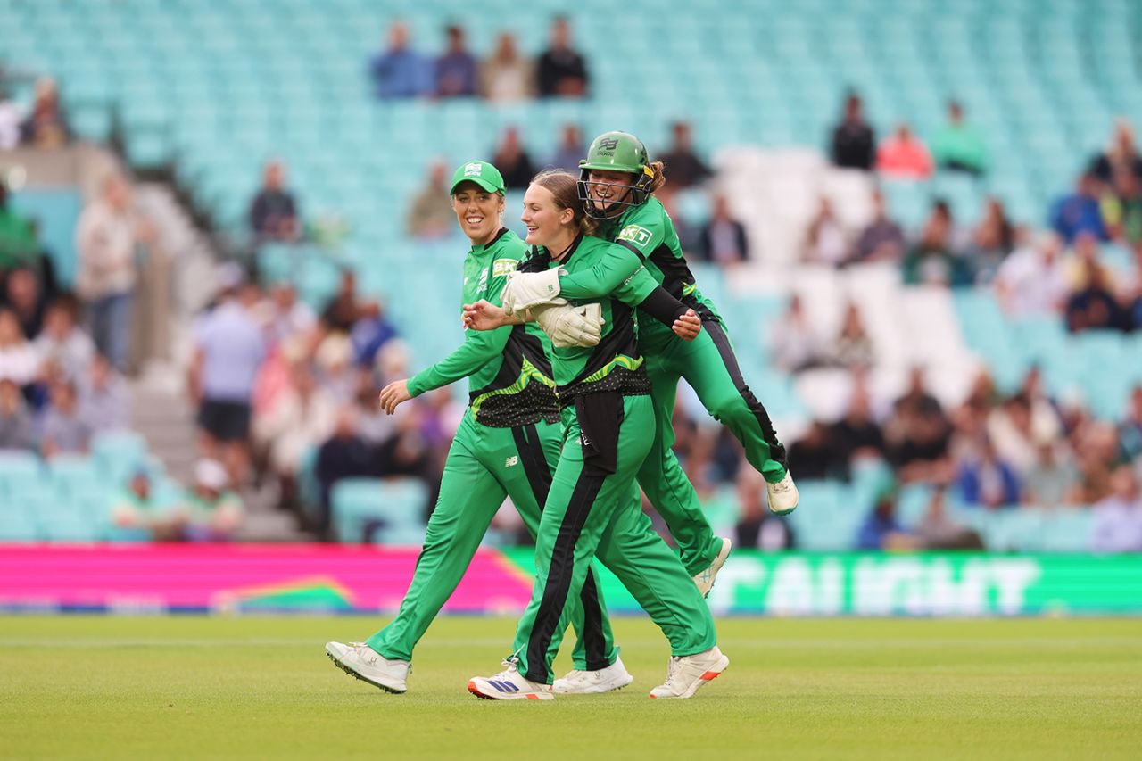 Tilly Corteen-Coleman celebrates with team-mates after dismissing Paige Scholfield, Women's Hundred, Oval Invincibles vs Southern Brave, The Kia Oval, August 08, 2024