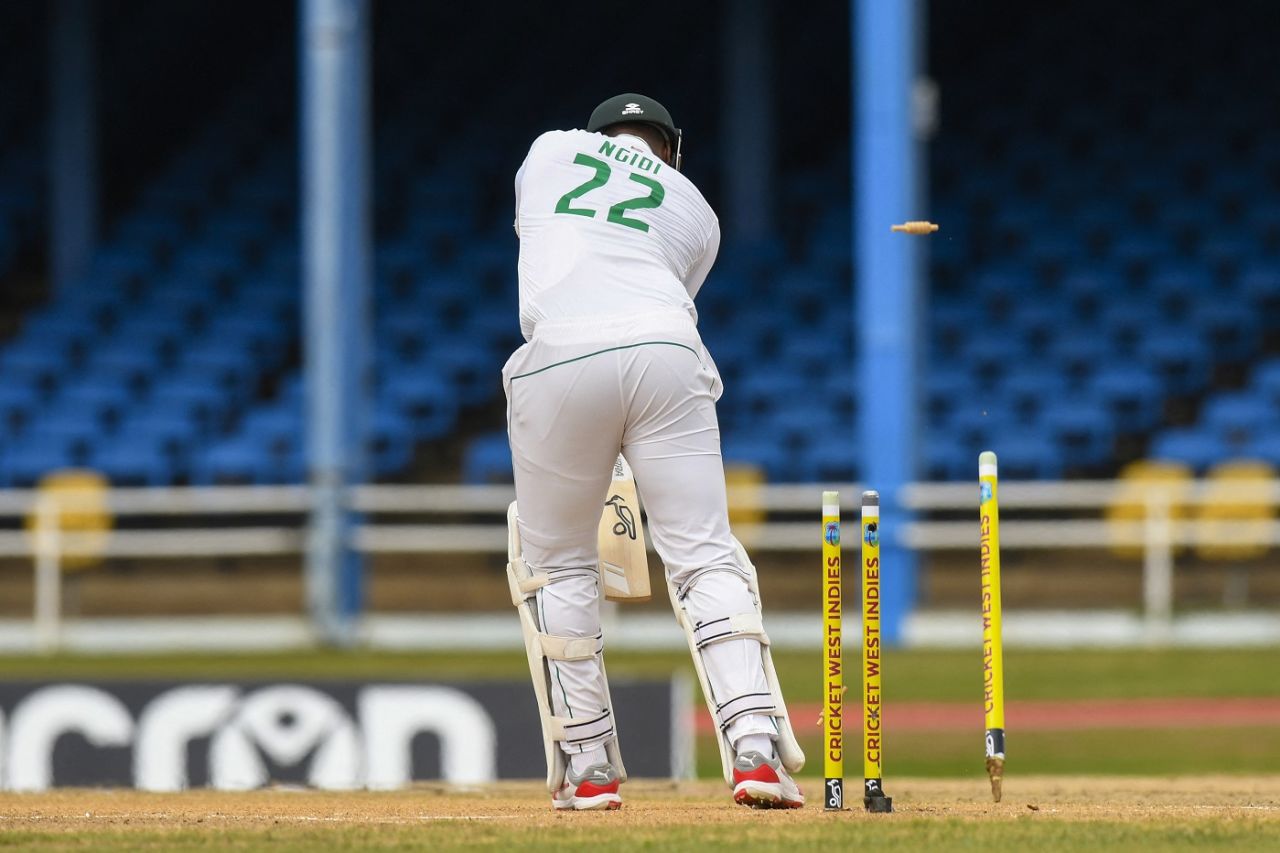 Lungi Ngidi loses his off stump, West Indies vs South Africa, 1st Test, Port-of-Spain, day 3, August 9, 2024