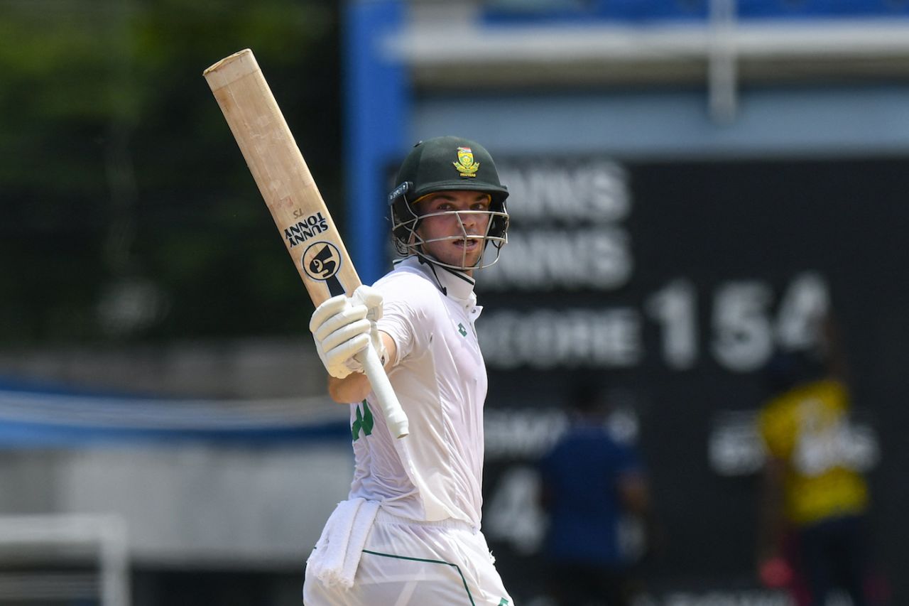 Tristan Stubbs celebrates his maiden Test fifty, West Indies vs South Africa, 1st Test, Port-of-Spain, day 5, August 11, 2024