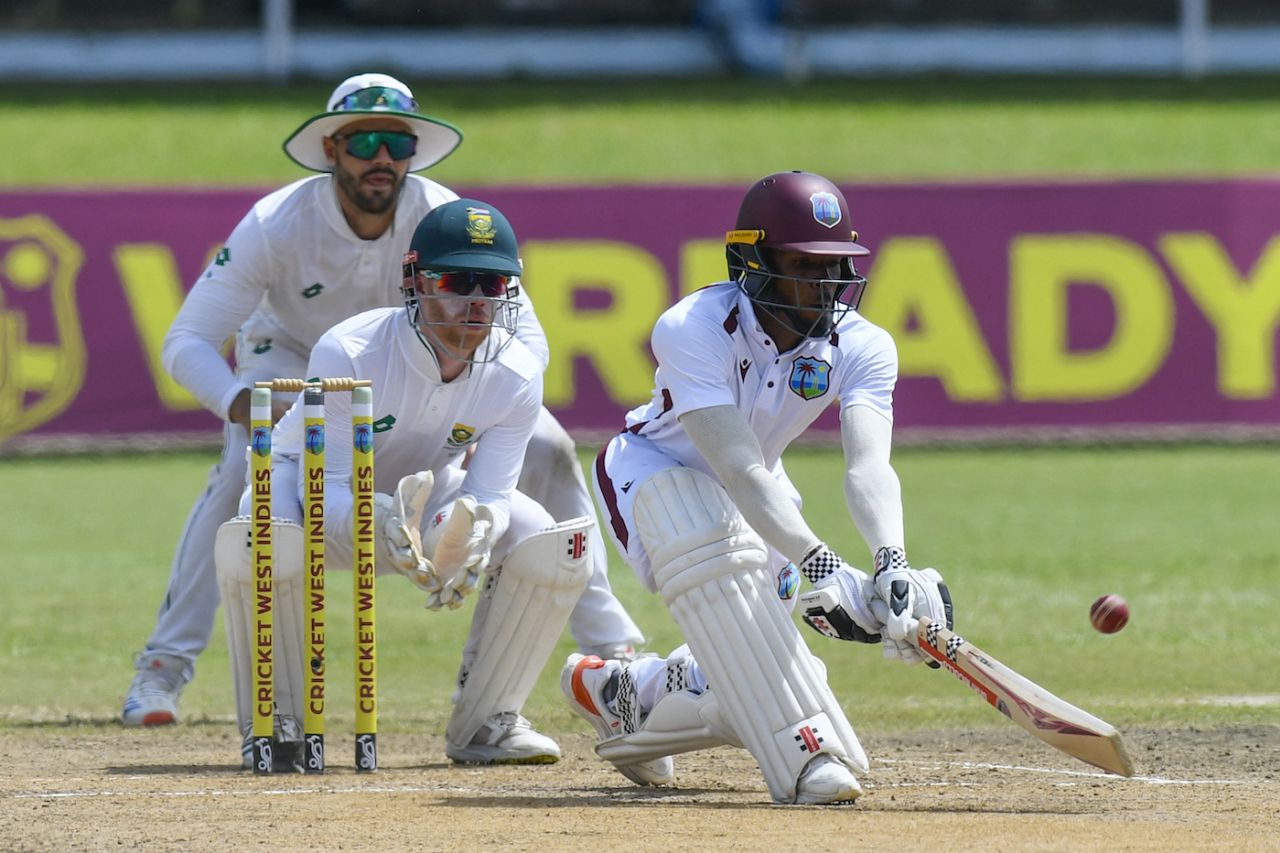 Alick Athanaze used the reverse sweep to try and hit Keshav Maharaj off his length, West Indies vs South Africa, 1st Test, Port-of-Spain, day 5, August 11, 2024