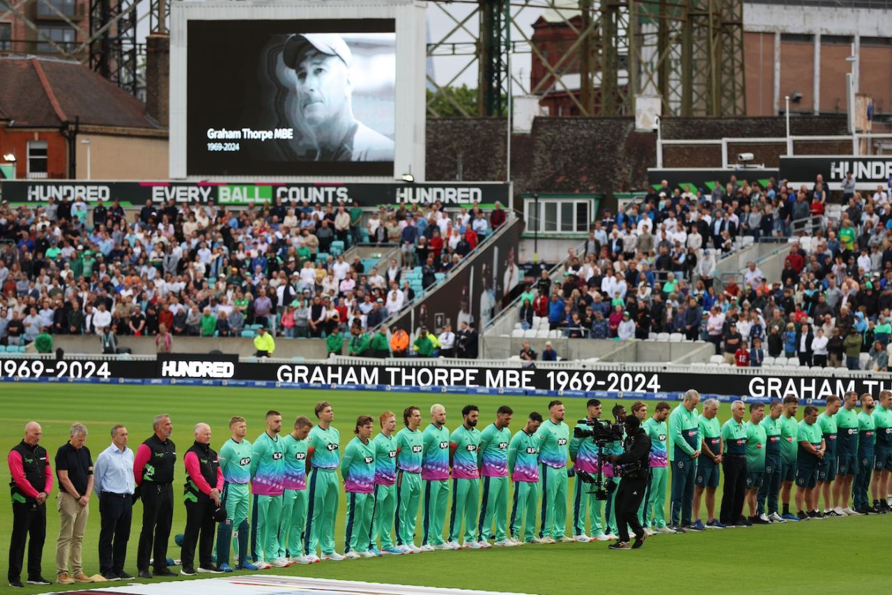 Oval Invincibles players and staff observe a minute's silence for Graham Thorpe, The Oval, London, August 8, 2024
