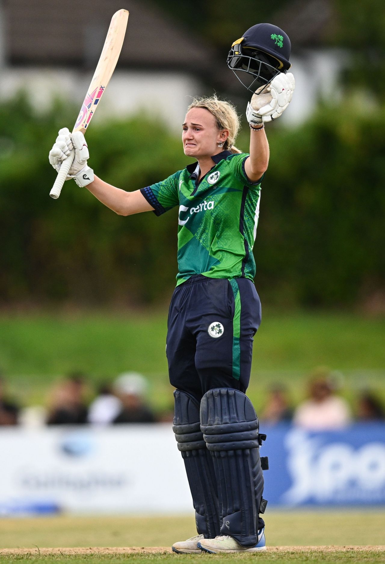 A visibly emotional Gaby Lewis celebrates after reaching her century, Ireland vs Sri Lanka, 2nd women's T20I, Dublin, August 13, 2024