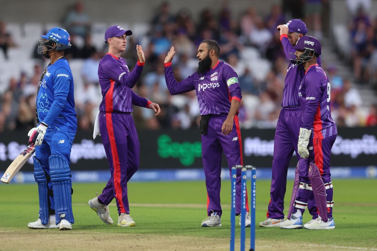 Adil Rashid celebrates the dismissal of Shimron Hetmyer, Northern Superchargers vs London Spirit, The Hundred (men's), Headingley, August 13, 2024