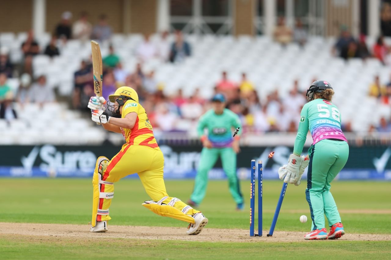 Nat Sciver-Brunt is bowled by Rachel Slater for a duck, Trent Rockets vs Oval Invincibles, The Hundred (women's), Trent Bridge, August 14, 2024