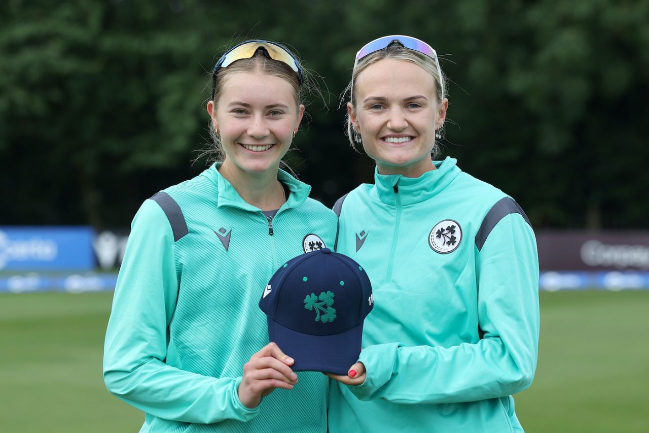 Alice Tector receives her maiden Ireland cap from Captain Gaby Lewis, Ireland vs Sri Lanka, 1st women's ODI, Belfast, August 16, 2024