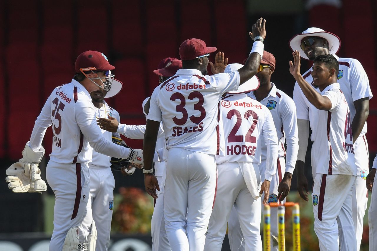 Jayden Seales and Gudakesh Motie brought about wickets in a cluster, West Indies vs South Africa, 2nd Test, day 2, Providence, August 16, 2024