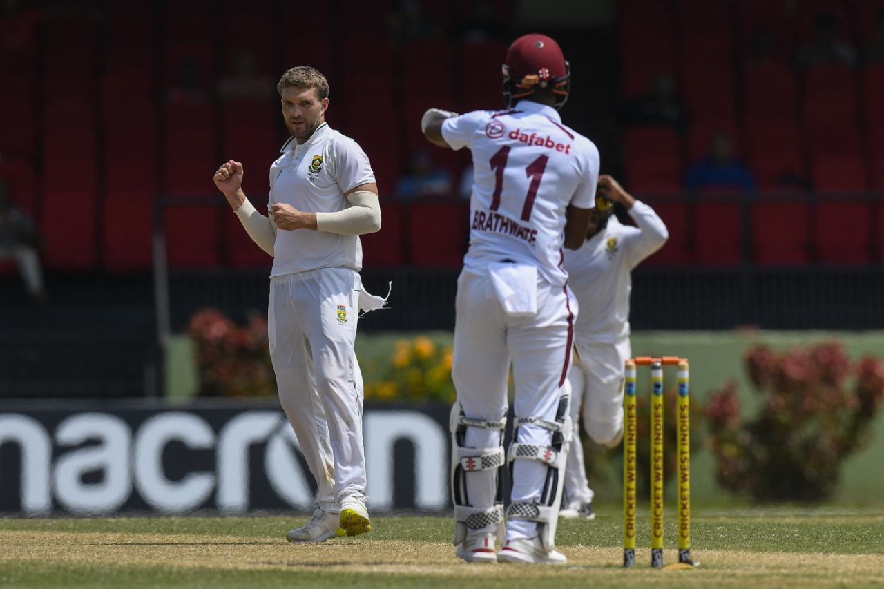 Wiaan Mulder had Kraigg Brathwaite trapped lbw, West Indies vs South Africa, 2nd Test, day 3, Providence, August 17, 2024