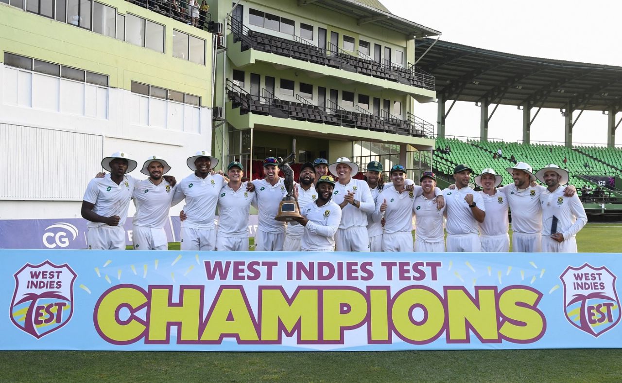 The South Africa team pose with the winners' trophy, West Indies vs South Africa, 2nd Test, day 3, Providence, August 17, 2024