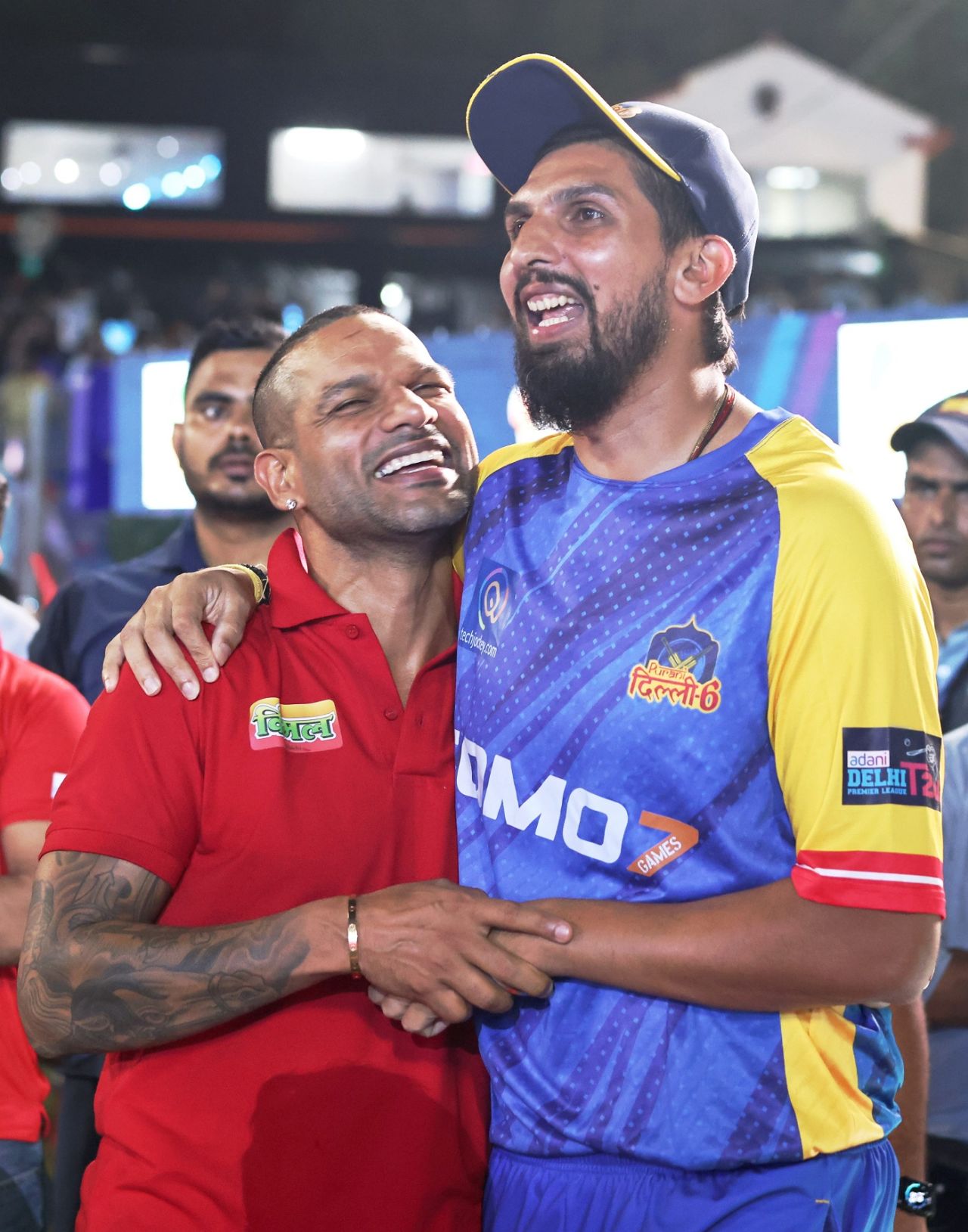 Shikhar Dhawan and Ishant Sharma share a lighter moment at the Delhi Premier League, Delhi, August 17, 2024