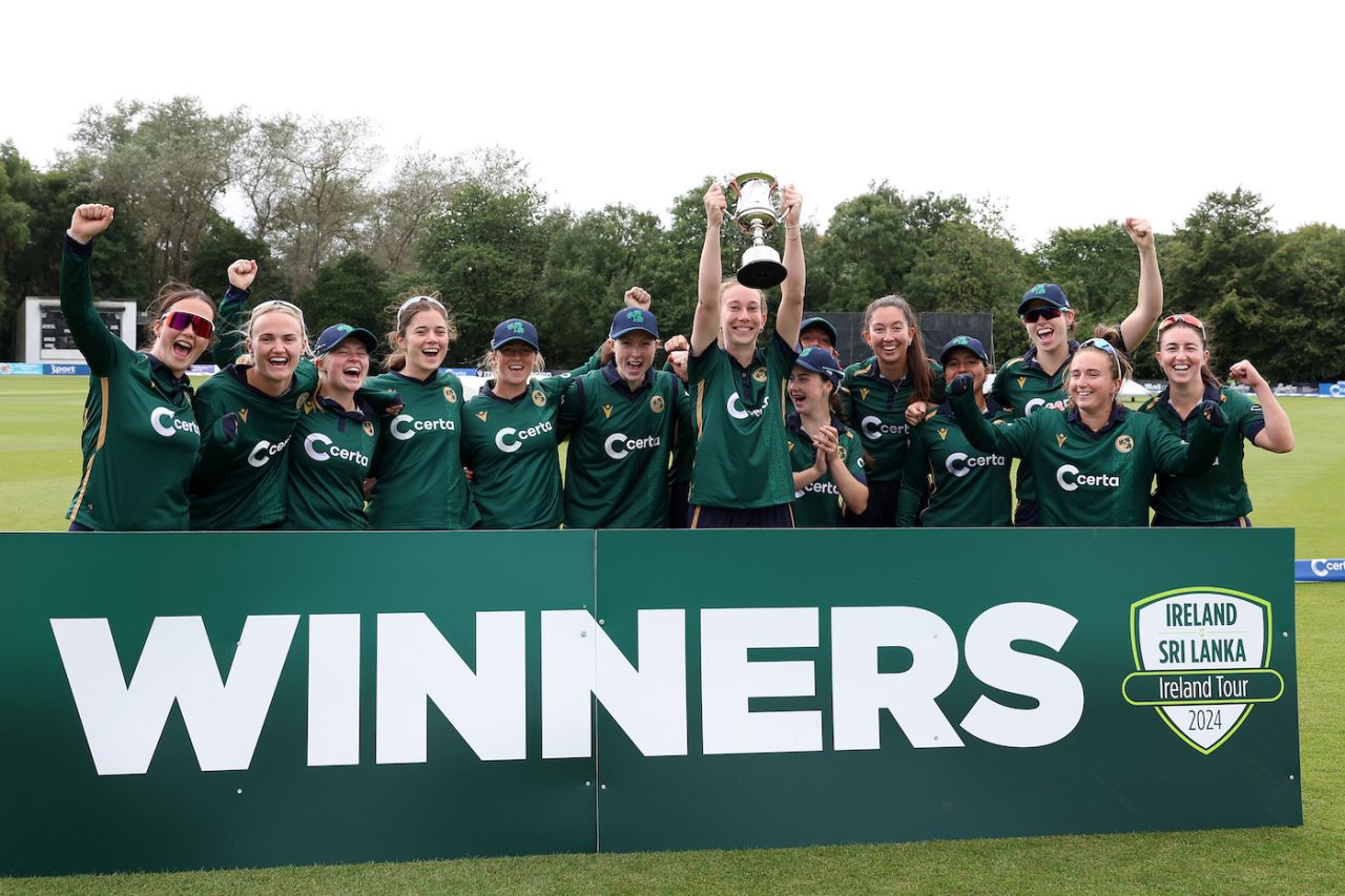 Ireland hold the trophy aloft after defeating Sri Lanka 2-1 in the ODI series, Ireland vs Sri Lanka, 3rd Women's ODI, Belfast, August 20, 2024 