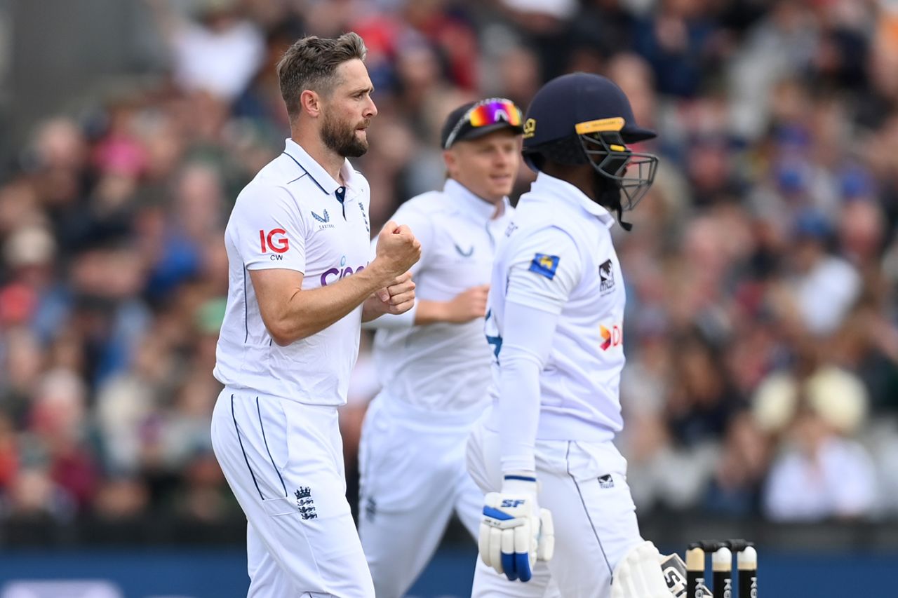 Chris Woakes of England celebrates dismissing Nishan Madushka, England vs Sri Lanka, 1st Test, Emirates Old Trafford, August 21, 2024