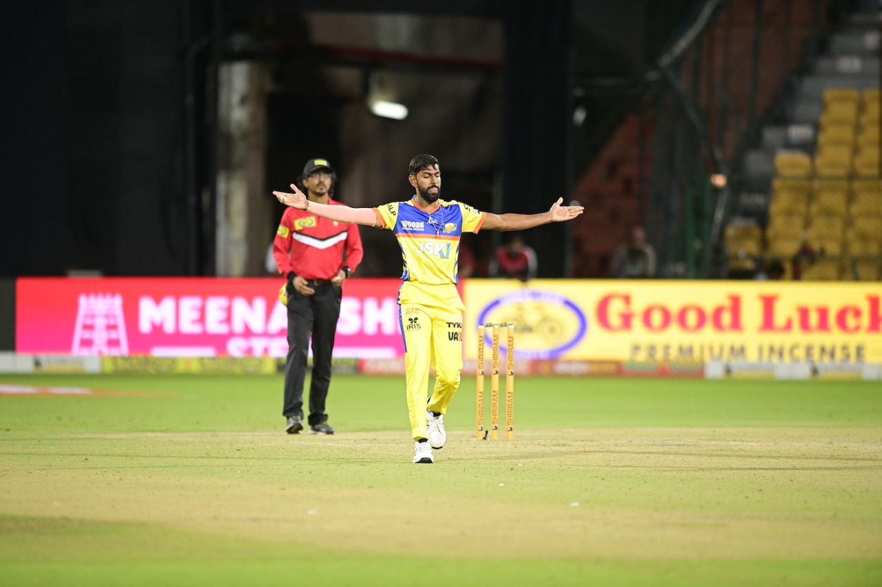 Jagadeesha Suchith won the Player-of-the-Match award, Hubli Tigers vs Mysuru Warriors, Maharaja T20, Bengaluru, August 21, 2024