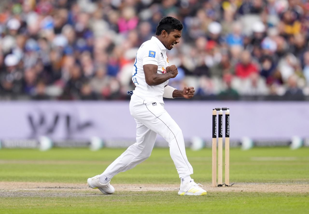 Vishwa Fernando celebrates taking the wicket of Dan Lawrence, England vs Sri Lanka, 1st Test, Emirates Old Trafford, 2nd day, August 22, 2024