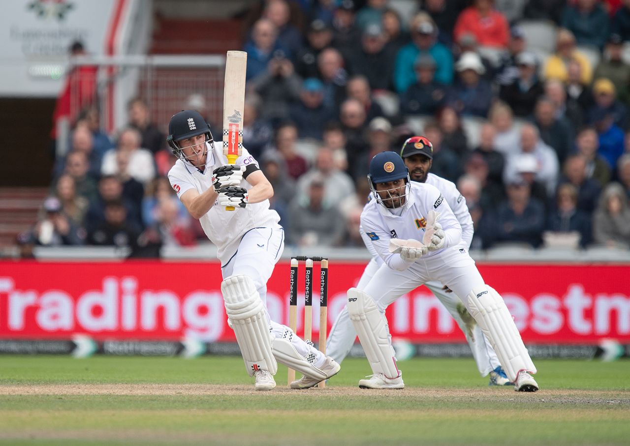 Harry Brook whips the ball into the leg side, England vs Sri Lanka, 1st Test, Emirates Old Trafford, 2nd day, August 22, 2024