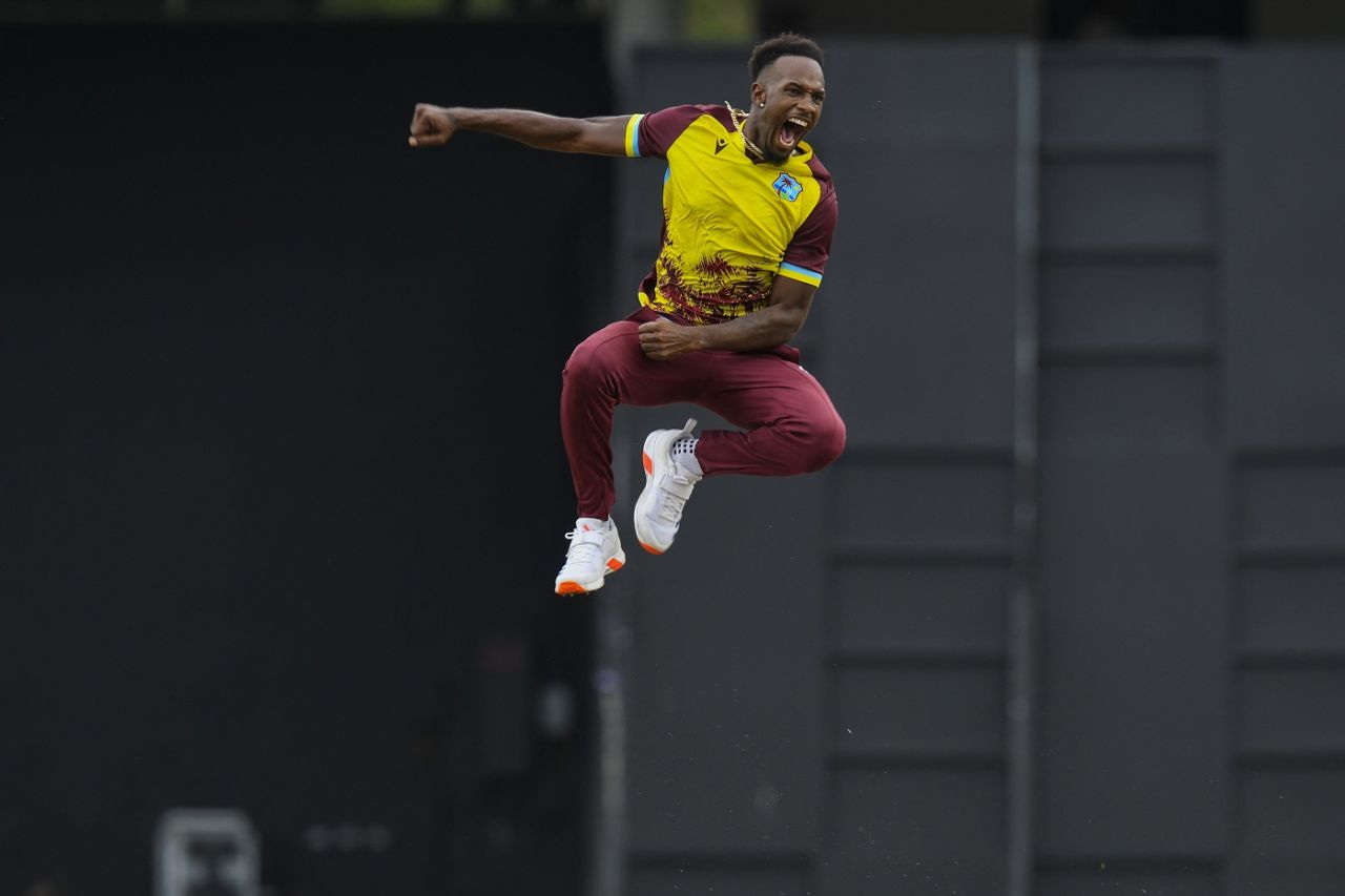 Matthew Forde leaps for joy after producing a double-strike, West Indies vs South Africa, 1st T20I, Tarouba, August 23, 2024