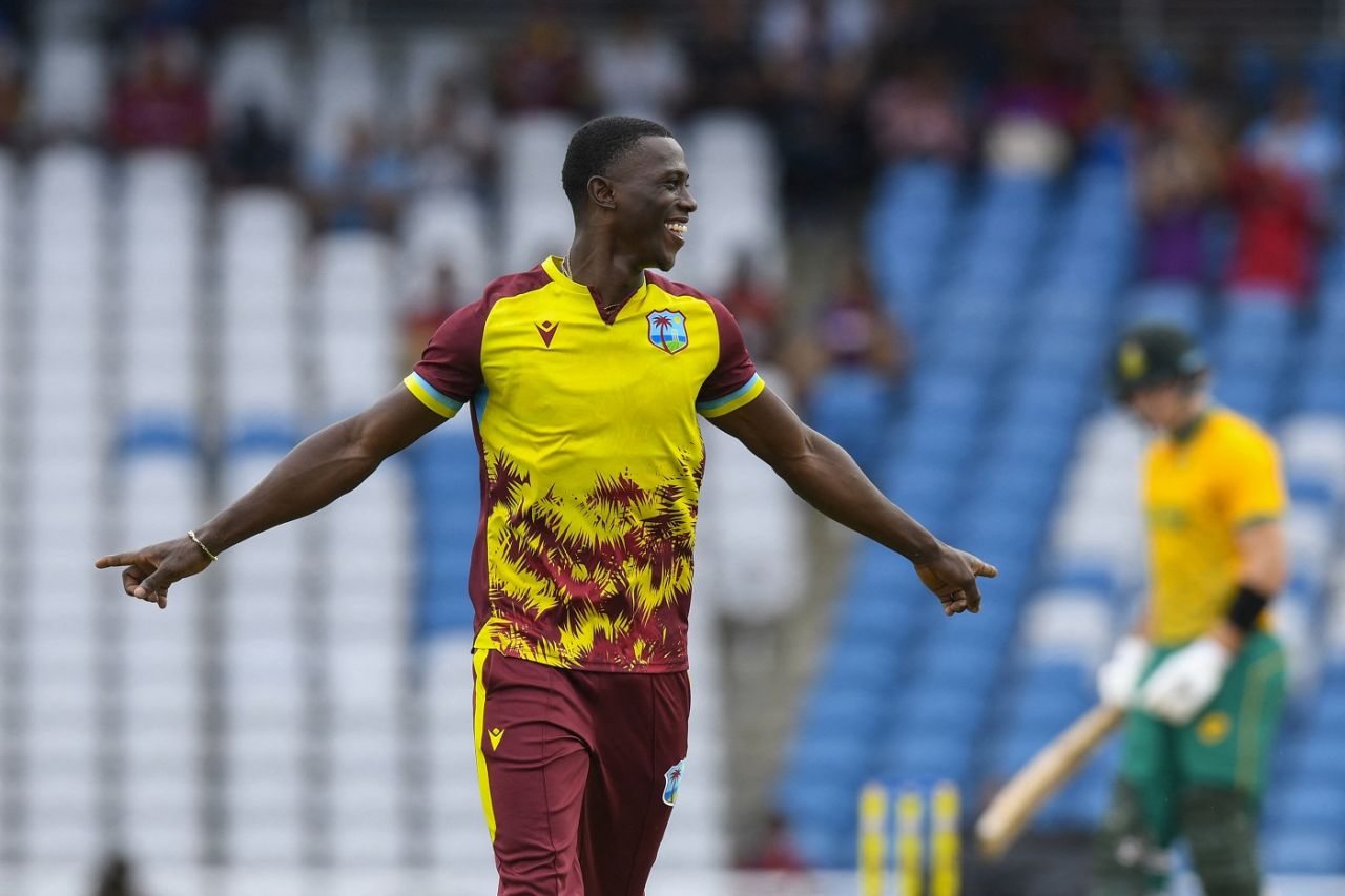 Shamar Joseph celebrates the wicket of Reeza Hendricks, West Indies vs South Africa, 1st T20I, Tarouba, August 23, 2024