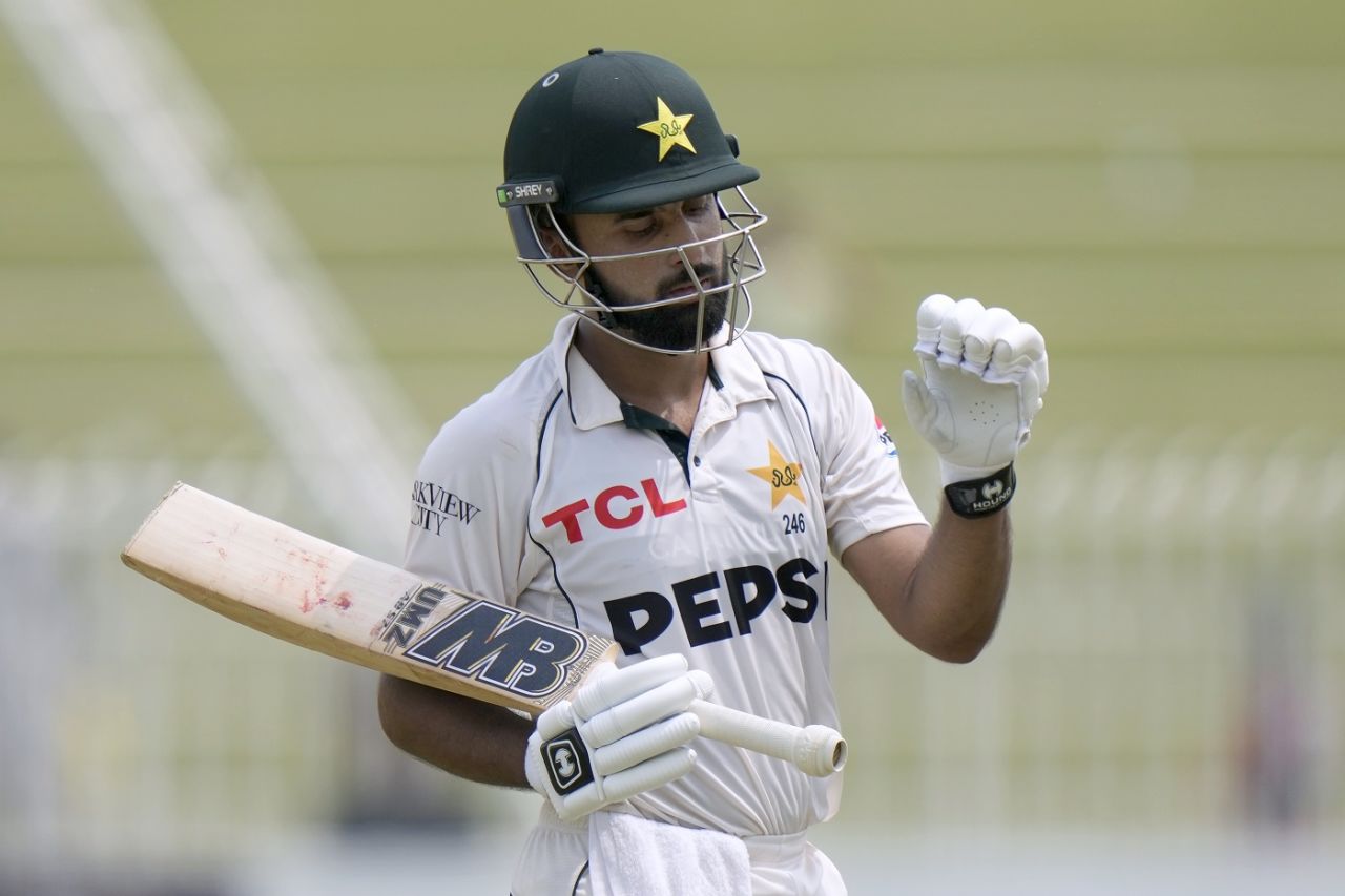 A dejected Abdullah Shafique walks back after skewing a top edge towards backward point, Pakistan vs Bangladesh, 1st Test, Rawalpindi, 5th day, August 25, 2024