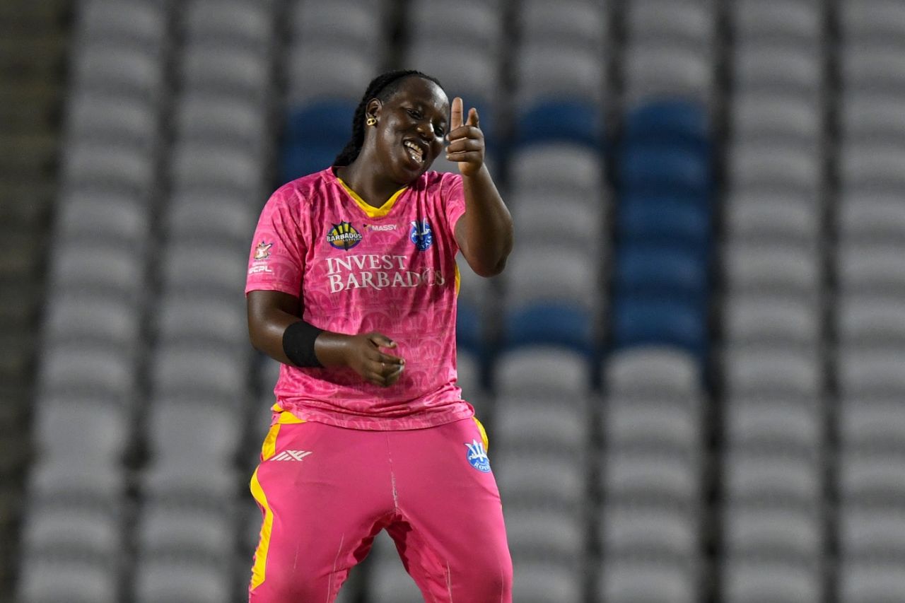 Qiana Joseph celebrates the dismissal of Lauren Winfield-Hill, Barbados Royals vs Guyana Amazon Warriors, Tarouba, Women's CPL, August 26, 2024
