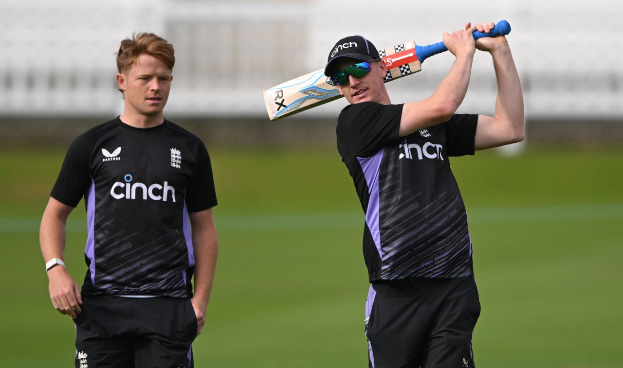 Harry Brook practises his golf swing as Ollie Pope looks on, England vs Sri Lanka, 2nd Test, Lord's, preview day, August 28, 2024