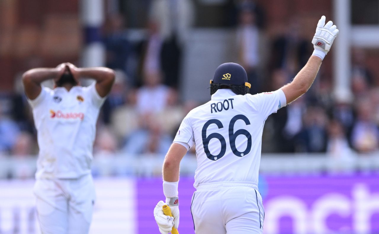 Lahiru Kumara despairs as Joe Root celebrates his 33rd Test hundred, England vs Sri Lanka, 2nd Test, Lord's, 1st day, August 29, 2024