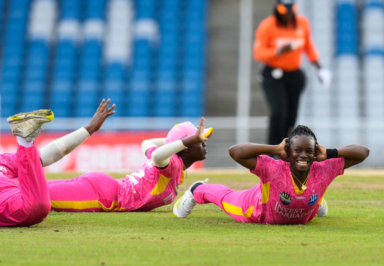Aaliyah Alleyne leads an innovative wicket celebration, Barbados Royals vs 
Trinbago Knight Riders, WCPL final, Tarouba, August 29, 24