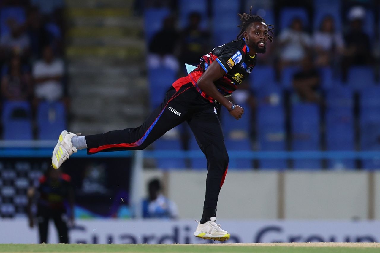 Chris Green and Shamar Springer have a chat after a wicket, Antigua and Barbuda Falcons vs St Kitts and Nevis Patriots, CPL 2024, North Sound, August 29, 2024