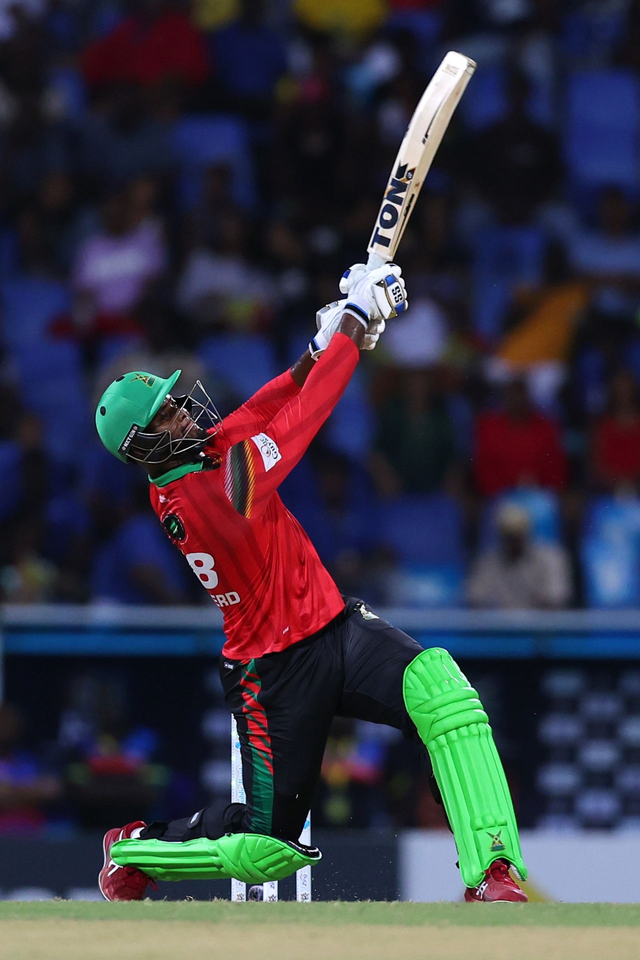 Romario Shepherd launches one into the night sky, Antigua and Barbuda Falcons vs Guyana Amazon Warriors, CPL, North Sound, August 30, 2024