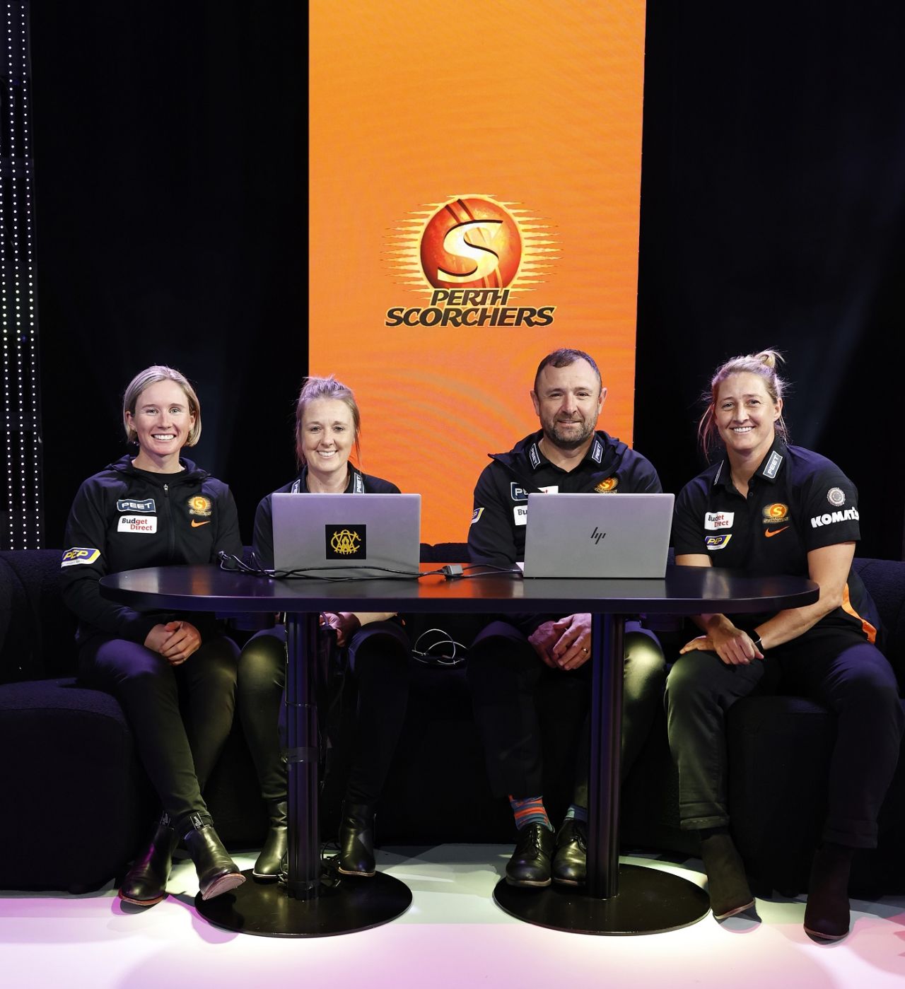 Beth Mooney, Rebecca Grundy, Kade Harvey and Sophie Devine of Scorchers pose during the draft, Melbourne, September 1, 2024