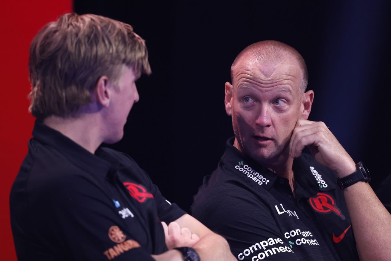 Melbourne Renegades' Cameron White and Will Sutherland chat during the draft, Melbourne, September 1, 2024