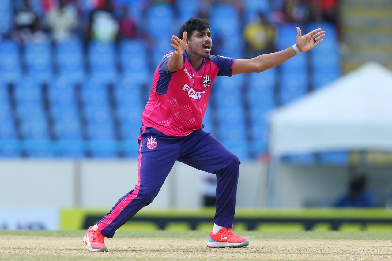 Maheesh Theekshana took 2 for 21 in his four-over quota, Antigua and Barbuda Falcons vs Barbados Royals, CPL 2024, North Sound, September 01, 2024