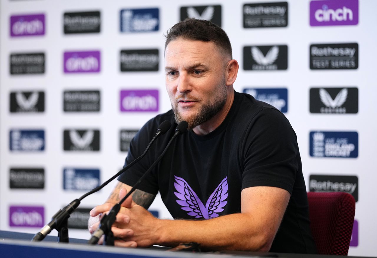 Brendon McCullum addresses the media ahead of the third Test, The Oval, September 5, 2024