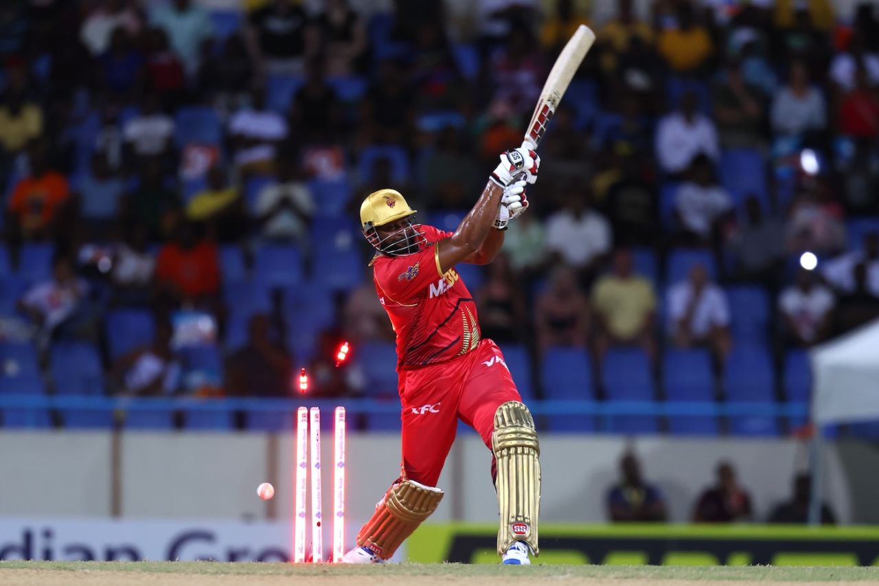 Kieron Pollard missed one from Mohammad Amir, Antigua And Barbuda Falcons vs Trinbago Knight Riders, CPL 2024, North Sound, September 5, 2024