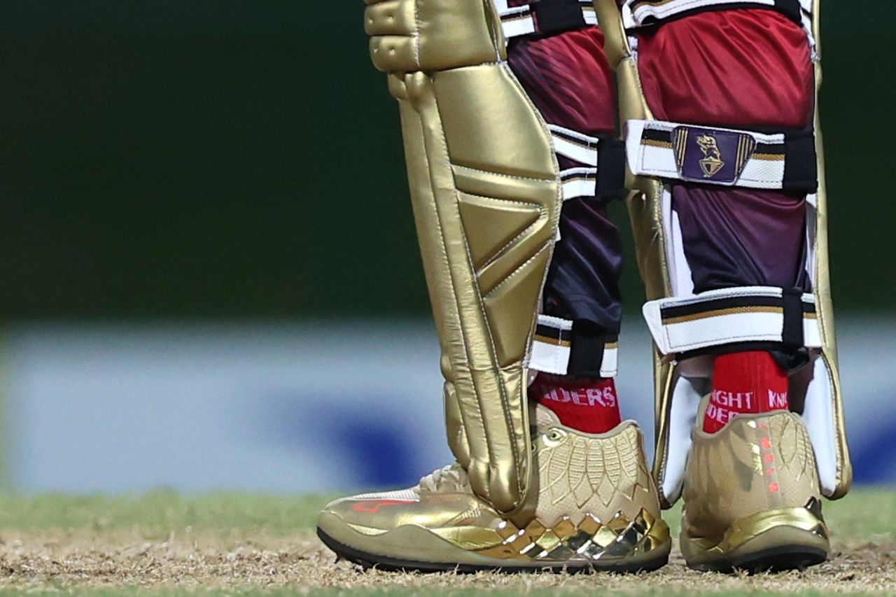 A close up of Andre Russell's shoes, Antigua And Barbuda Falcons vs Trinbago Knight Riders, CPL 2024, North Sound, September 5, 2024