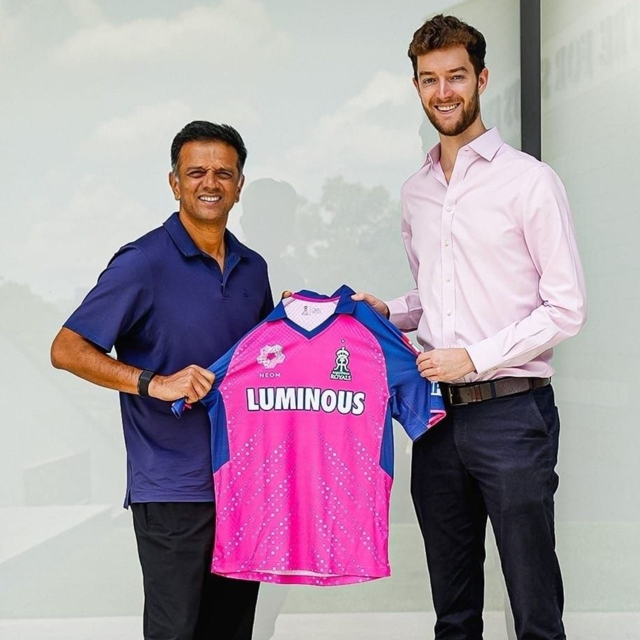 Jake Lush McCrum presents Rahul Dravid with the Rajasthan Royals jersey, September 4, 2024