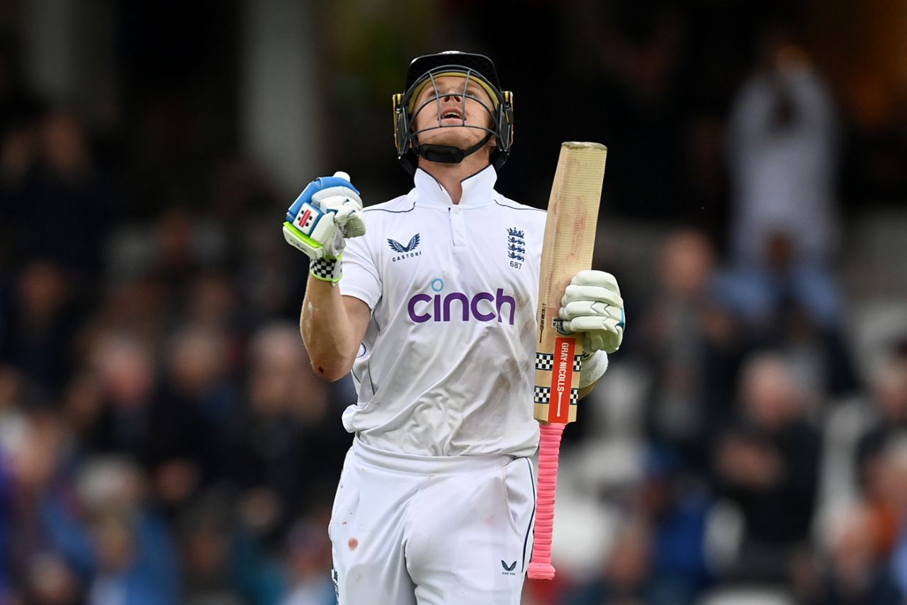 Ollie Pope looked relieved upon reaching three figures, England vs Sri Lanka, 3rd Men's Test, Day 1, The Oval, September 6, 2024