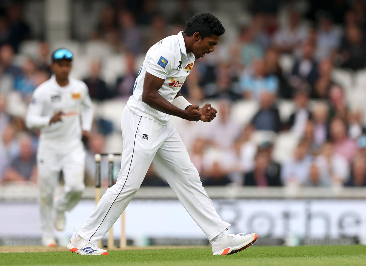 Vishwa Fernando celebrates the wicket of Jamie Smith, England vs Sri Lanka, 3rd Men's Test, The Oval, 2nd day, September 7, 2024