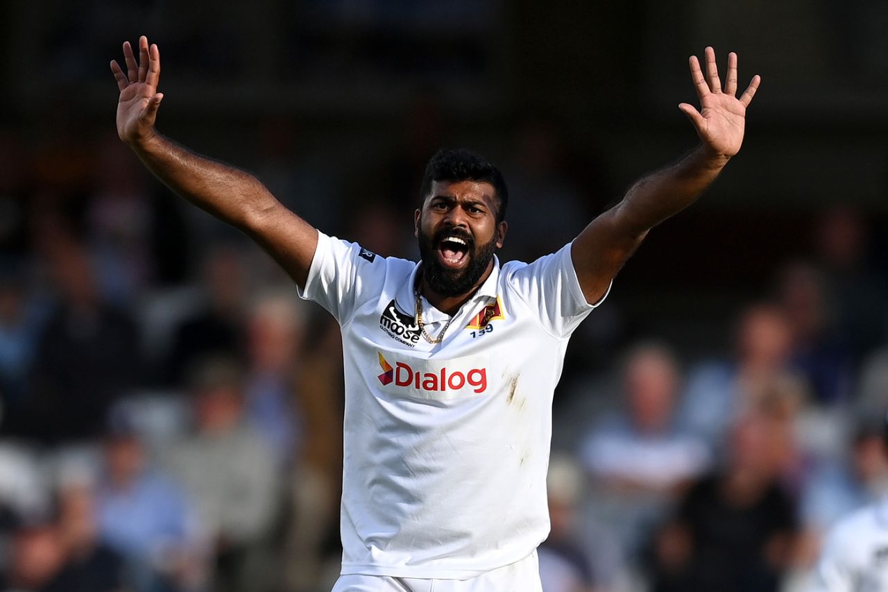Lahiru Kumara pleads for the wicket of Olly Stone, England vs Sri Lanka, 3rd Men's Test, The Oval, London, 3rd day, September 8, 2024