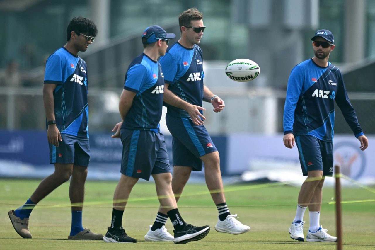 Rachin Ravindra, Tim Latham, Tim Southee and Devon Conway warm up, Afghanistan vs New Zealand, Only Test, 1st day, Greater Noida, September 9, 2024