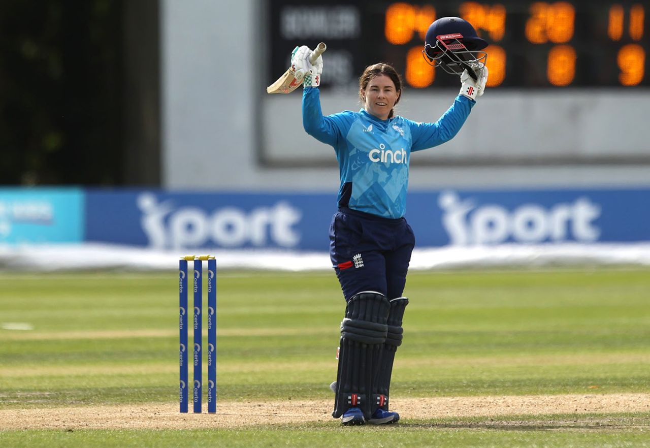 Tammy Beaumont celebrates reaching 150, Ireland vs England, 2nd ODI, Stormont, September 9, 2024
