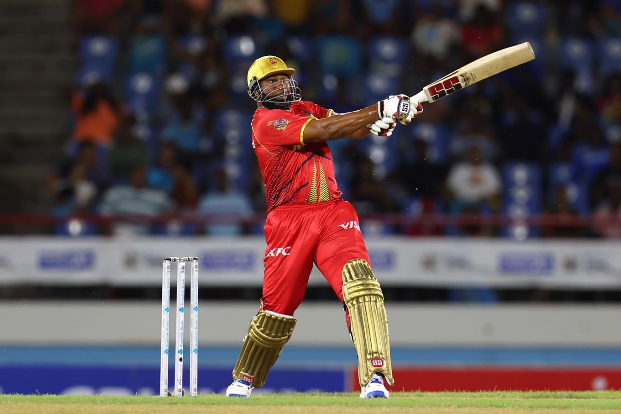 Look at those eyes as Kieron Pollard dispatches one away, St Lucia Kings vs Trinbago Knight Riders, CPL 2024, Gros Islet, September 10, 2024