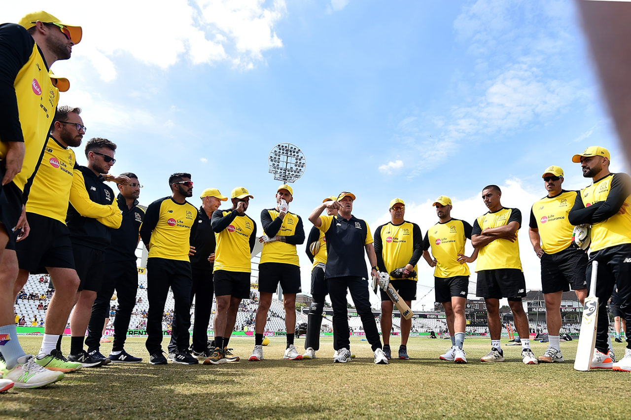 Andy Flower addresses Trent Rockets' huddle, Trent Rockets vs Birmingham Phoenix, The Men's Hundred, Trent Bridge, August 6, 2022